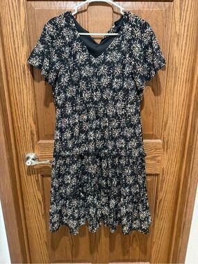 Mikarose Black Floral V-Neck Tiered Midi Dress